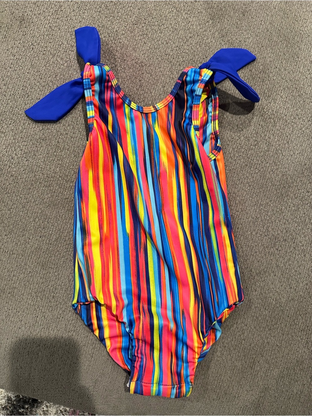 Kids Rainbow Stripe One-Piece Swimsuit with Blue Shoulder Ties